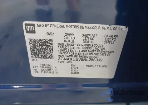 2022 Chevrolet Equinox Awd Lt from USA, damaged, VIN 3GNAXUEV5NL256339